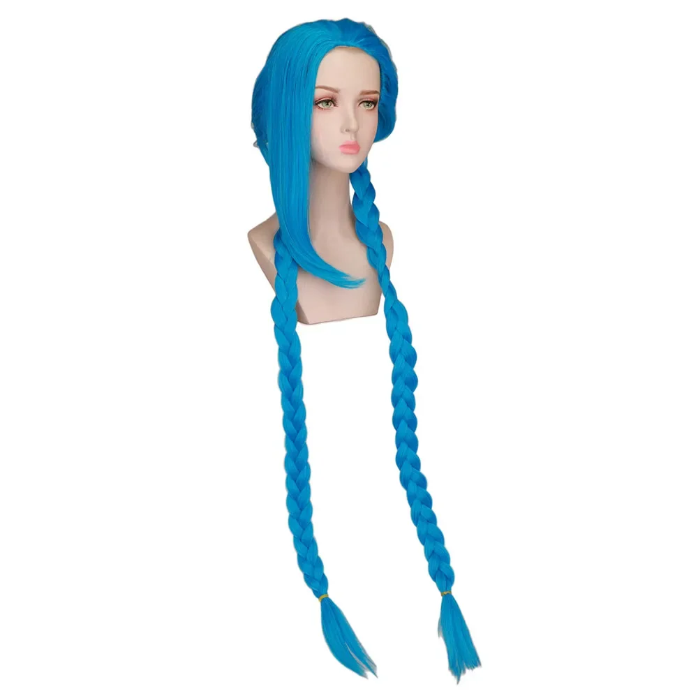 QQXCAIW อะนิเมะคอสเพลย์ LOL Jinx ยาวสีฟ้าคู่ Braids ความร้อนทนผมสังเคราะห์วิกผมฮาโลวีน