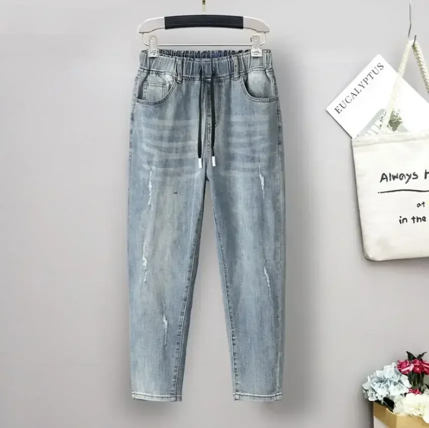 XL-6XL Plus Size jeans for Women Mom Jeans Woman Elastic High Waist Blue BaggyJeans Denim Ripped Jeans Female Harem Pants