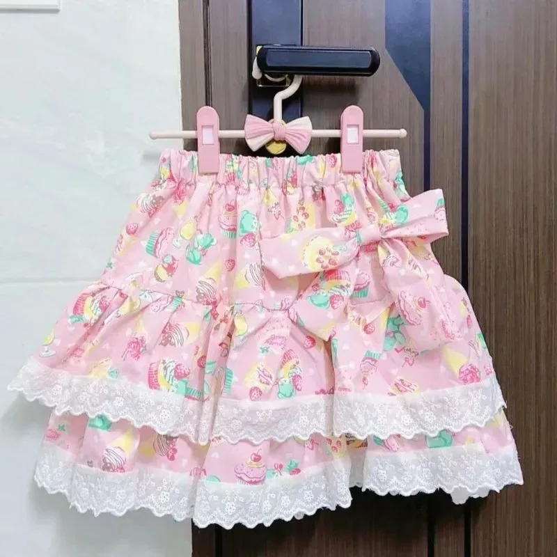 Sweet Kawaii Cake Printed Japanese Skirt For Ladies Lolita Lace Spliced Pleated Mini Skirt Summer Y2k High Waist A-Line Skirt