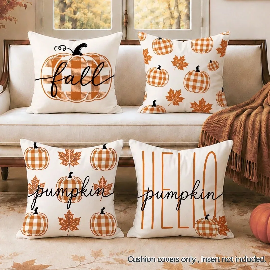 1pc Fall Pumpkin Pillow Cover 2D Double‑Sided Print Buffalo Plaid Maple Leaf Hello Pumpkin Letter Sofa Home Farmhouse Decor