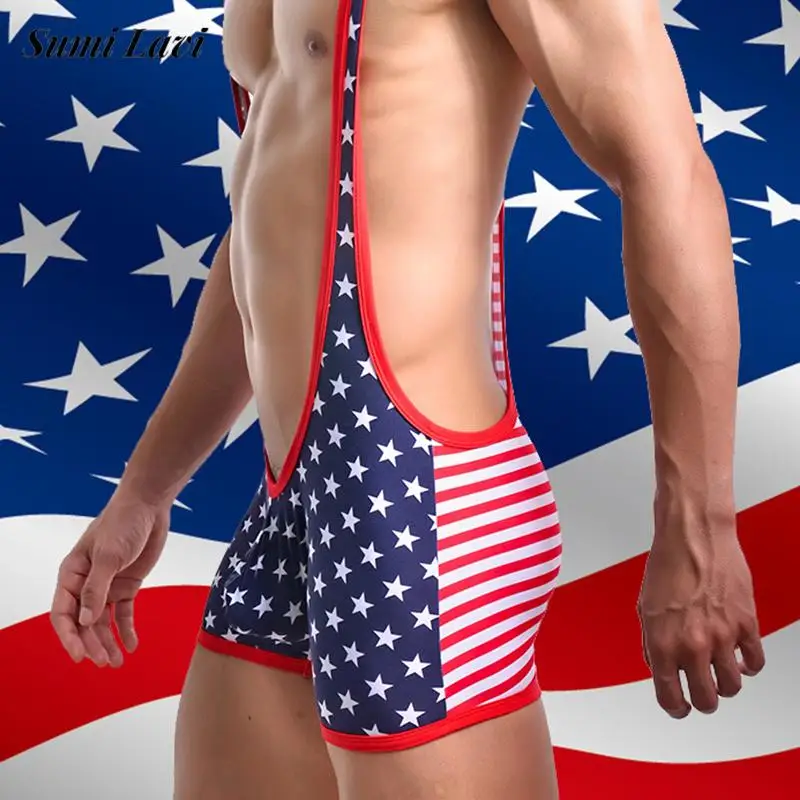 

Vintage Flag Print Mens Jumpsuits Spring Summer Casual Sleeveless Straps Vest Playsuits Men Fashion Shorts Bodycon Bodysuits