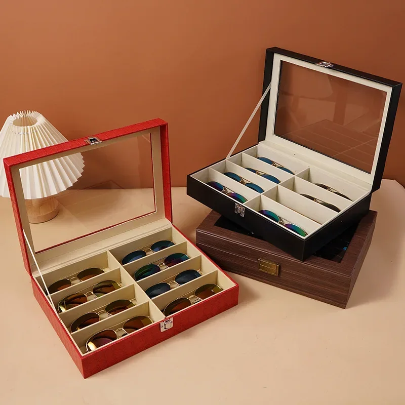 Leather fashion sunglasses storage box multi grid large capacity organizer for sunglasses jewelry display collection storage box