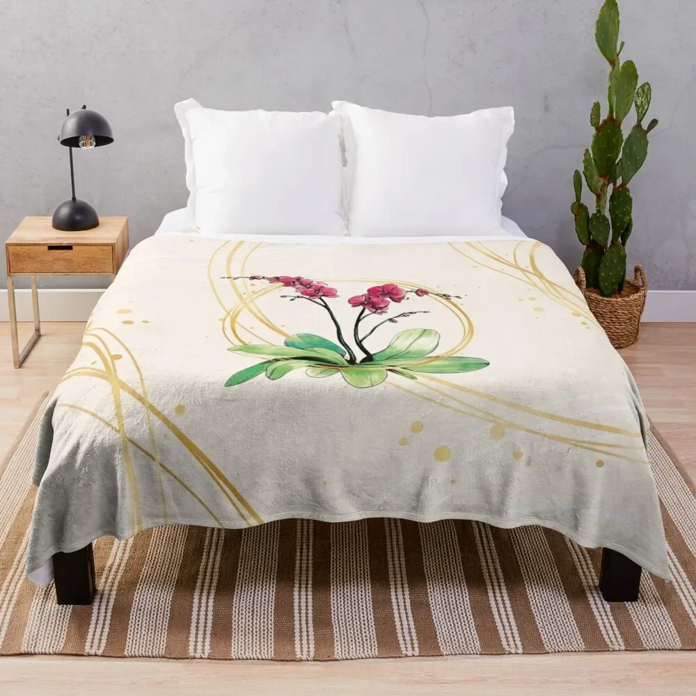 Orchid surrounded by golden hoops Throw Blanket Luxury Designer Custom Quilt Blankets