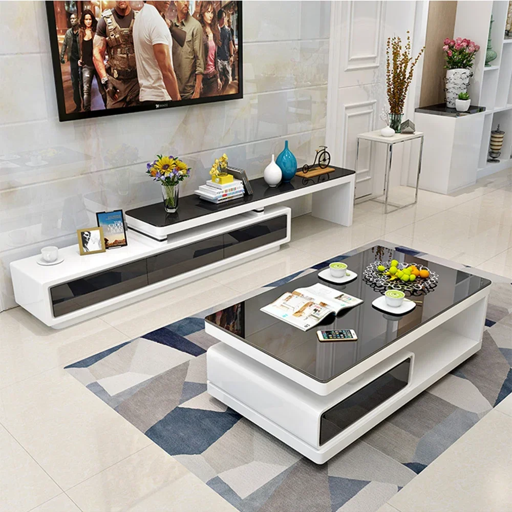 Modern  Shiny White / Black TV Stand & Smart Coffee Table, TV Cabinet & Center Table for Living Room Home Furniture