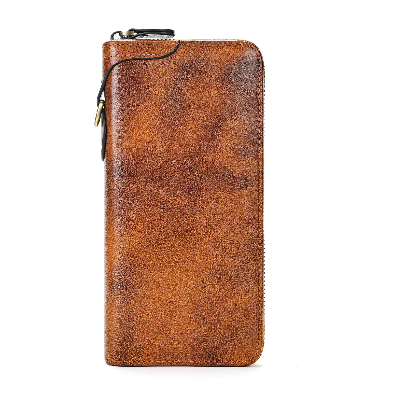 Leather men's handbag long zipper accompanying clutch bag first layer cowhide RFID anti-theft brush high-end handmade wallet