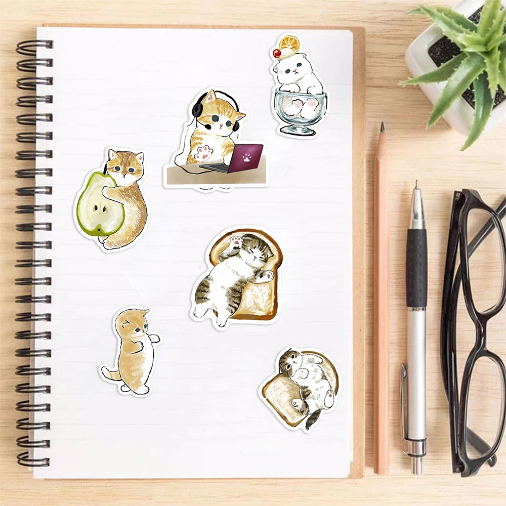 10/30/50pcs Kawaii Cat Cartoon Sticker Cute Animal Decals Kids Toys DIY Scrapbook Laptop Stationary Guitar Suitcase Car Sticker