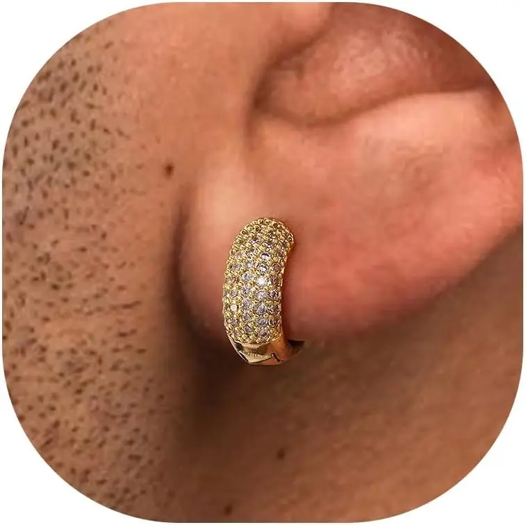 Hoop Earrings for Men 14K Gold Plated Cartilage Huggie Earrings, Hypoallergenic Lightweight Hiphop CZ Inlaid for Sensitive Ears