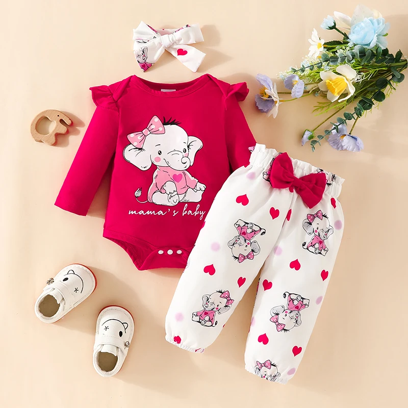 3PCS Baby Girl Sets Cartoon Elephant Printing Bodysuits Long Sleeve Onesies Top Elastic Waist Trousers Infant Outfit 0-18 Months