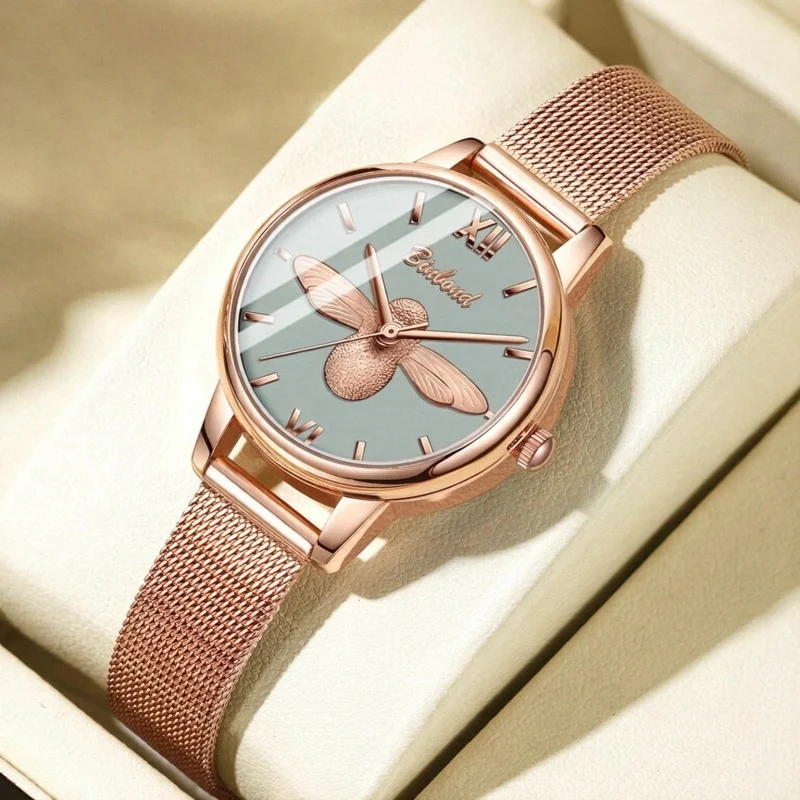 Fashion Waterproof Quartz Women Watch 3D Replica Bee Wings Animal Design Stainless Steel Strap Small Round Dial Gift