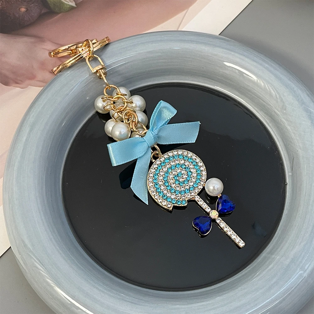 

Cartoon Anime Love Pearl Blue Crystal Bow Lollipop Keychain Souvenir Gift for Family Friends