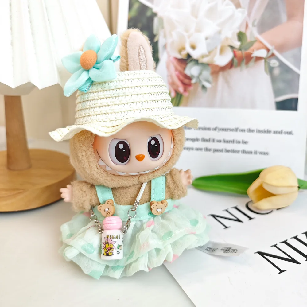 Mini Plush Doll'S Clothes Outfit Accessories For Labubu V1 V2 Idol Dolls Sit Party Straw Hat Suspender Dress Clothing Gift