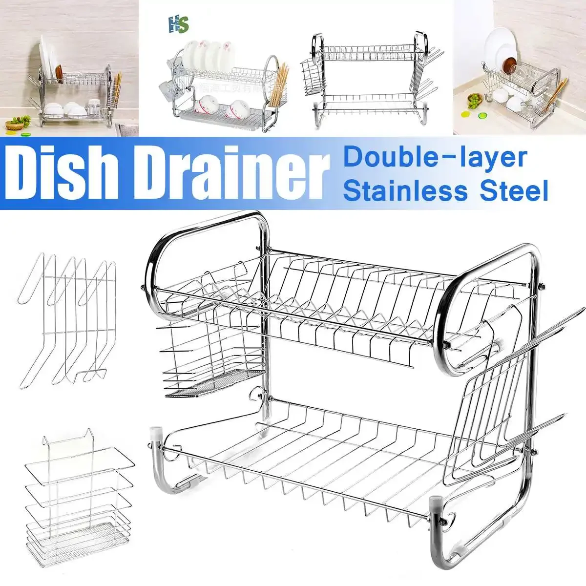 

2 Tier Multi-use Stainless Steel Dishes Sink Drain Rack Adjustable Kitchen Organizer Dish Shelf Sink Drying