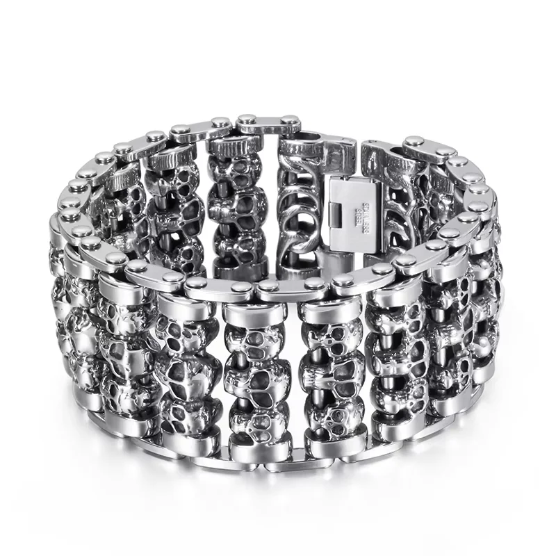 Fongten Wholesale Wide Skull Stainless Steel Bracelets Men Metal Biker Viking Charm Large Argent Men Bracelet Bangle Jewelry