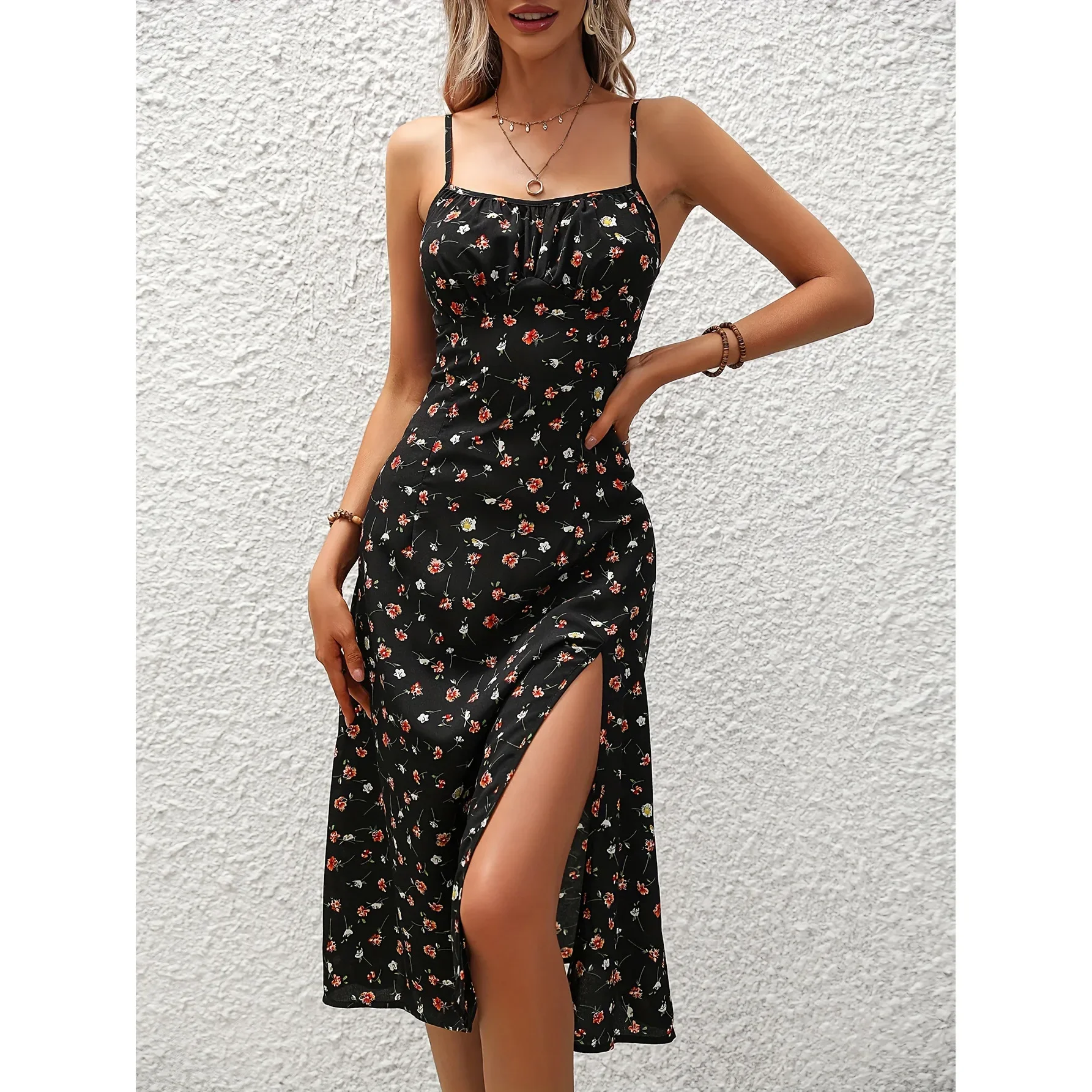 Abito da donna con stampa floreale senza spalline Abito estivo Boho Beach Stampa Bretelle eleganti Abito con spacco al collo quadrato Abiti vintage Y2k