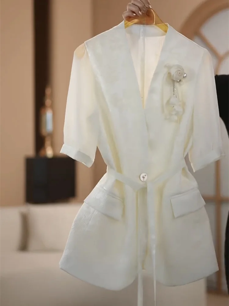 الصيف المهنية البدلة مجموعة المرأة الصناعة الثقيلة مشرقة الشيفون قصيرة الأكمام قميص معطف + بنطال ذو قصة أرجل واسعة قطعتين مجموعات