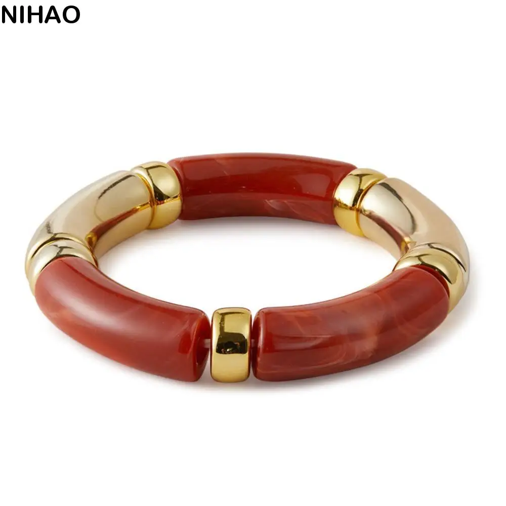 

Fashion Acrylic Leopard Bracelets Beaded Stretchy Bohemia Style Bracelets Wristband Hand Jewelry Curved Tube Bangle Women