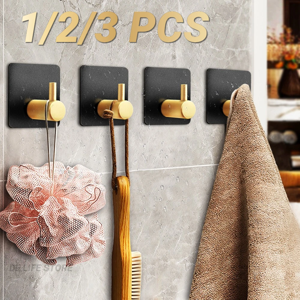 1/2/3PCS Self Adhesive Wall Hook Black Gold Hanging Hooks For Wall Bathroom Towel holder No Drill Bathroom Organaizer