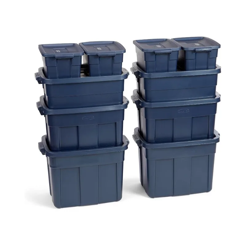 Roughneck Tote Variety - 10 Pack |Made in the USA| Dark Indigo Metallic, Rugged Plastic Stackable Storage Tote with Lid