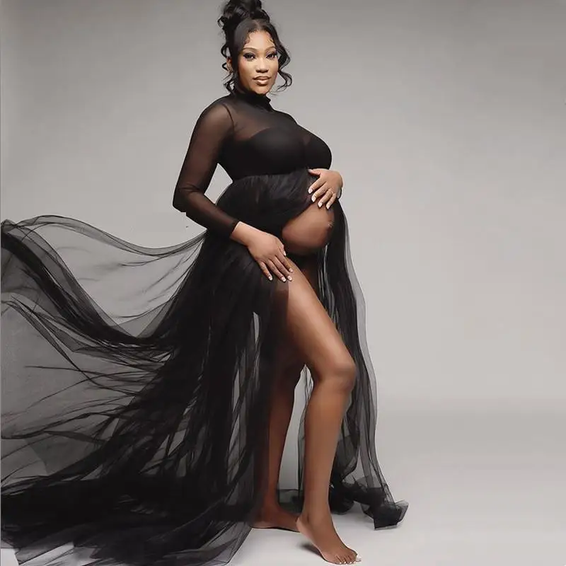 

Sexy Women Maternity Baby Shower Mesh Dresses Long Sleeve Pregnant Turtleneck Maxi Dress For Photoshoot Premama See Through Gown