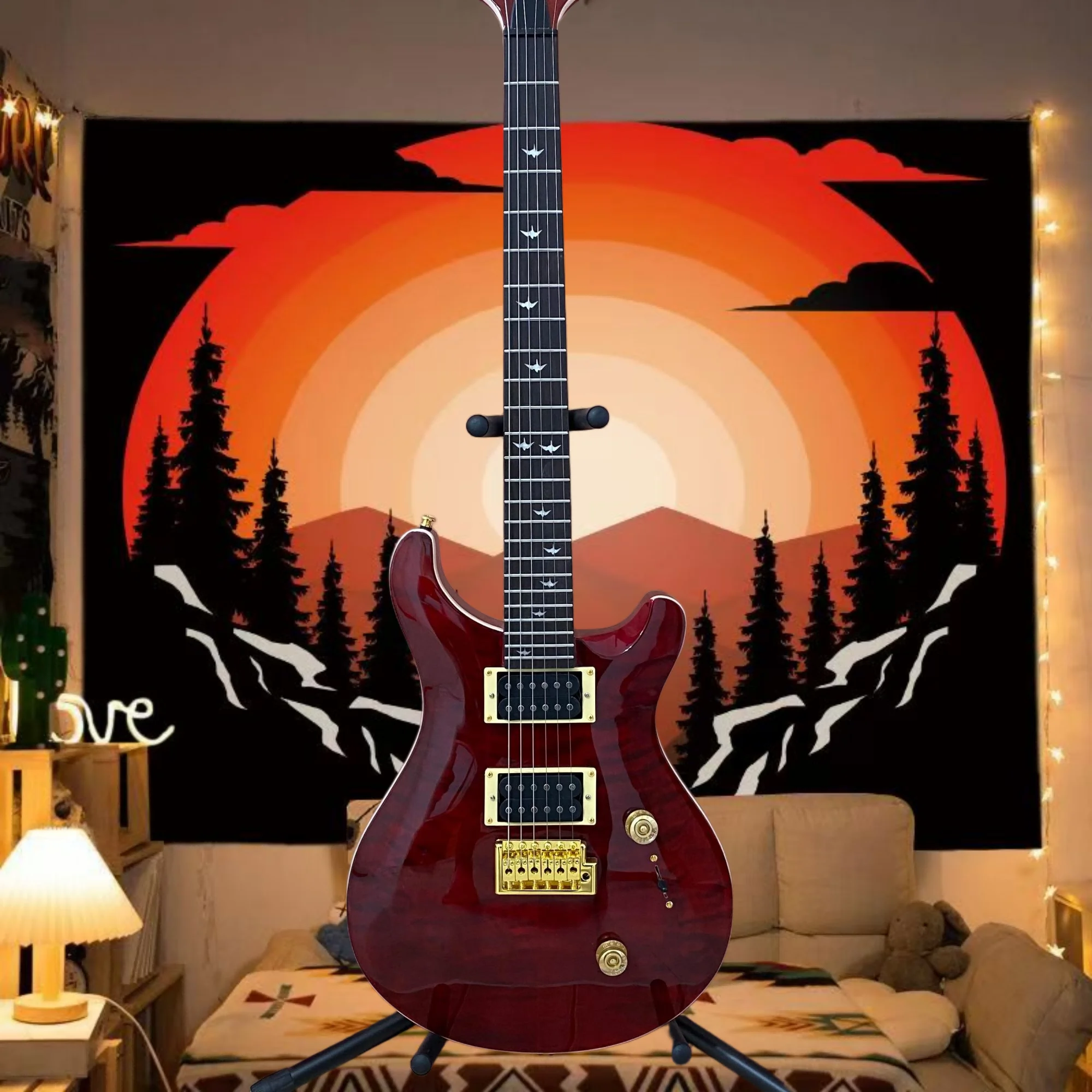 New Red PRS Tiger Pattern Electric Guitar Dual Pickups Red Glossy Dual Pickups Easy To Operate Unisex Free Delivery