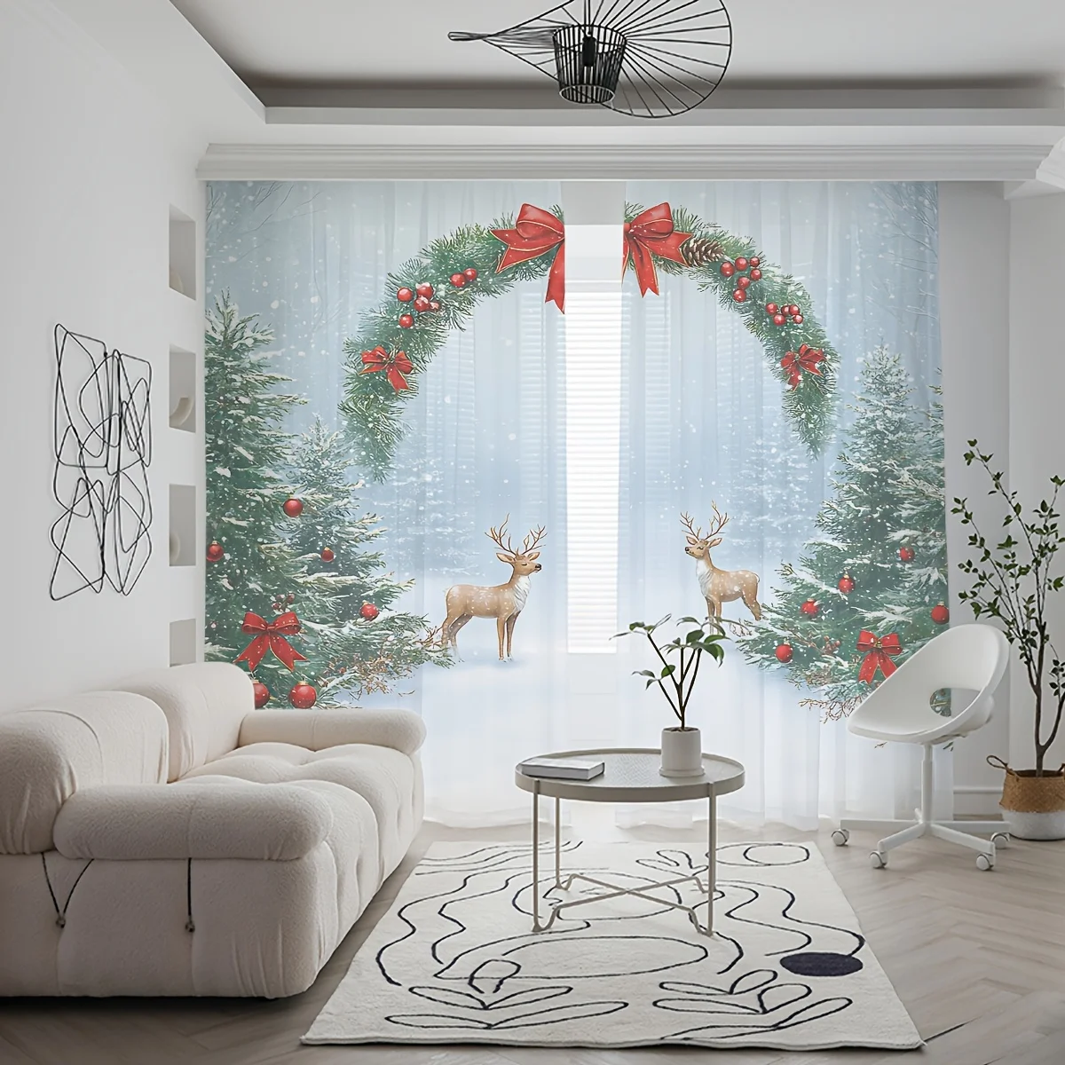 2PCS Christmas Winter Sheer Curtains, Wreath Reindeer Snow Pine, Digital Print, Bedroom Living Room, Rod Pocket, Home Decor