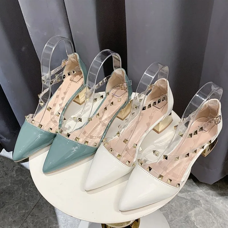 Pointed rivet sandals women\'s spring and summer 2024 new all-match thin transparent one-word buckle belt thick heel square root