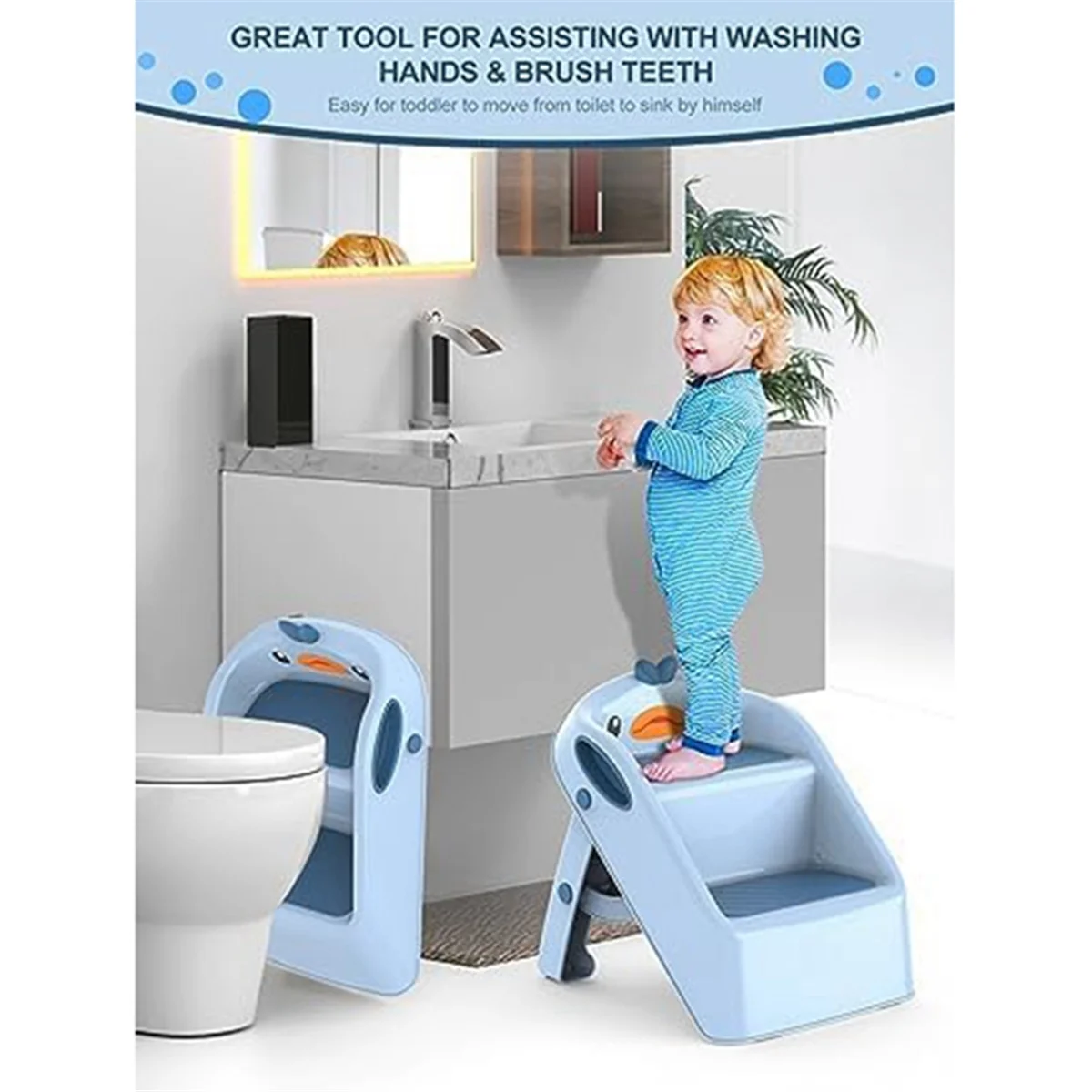 Foldable Toddler Kids Step Stool Kitchen Bathroom Sink, Blue Toilet Potty Training Child Kitchen Helper Plastic Ladder