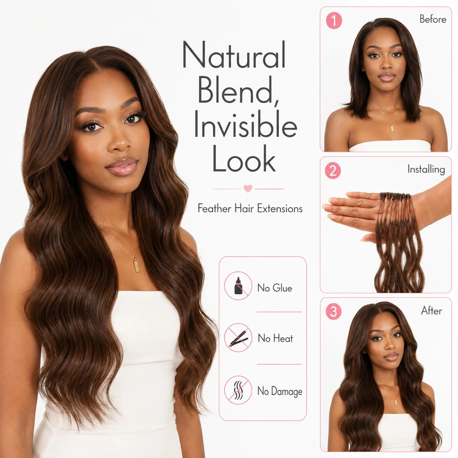WOWANGEL Schokoladenbraune Unsichtbare Miracle Knots Haarverlängerungen mit Vorverknoteten Federn, 100% Echthaar, Body Wave, Crochet Hair – Detail 4