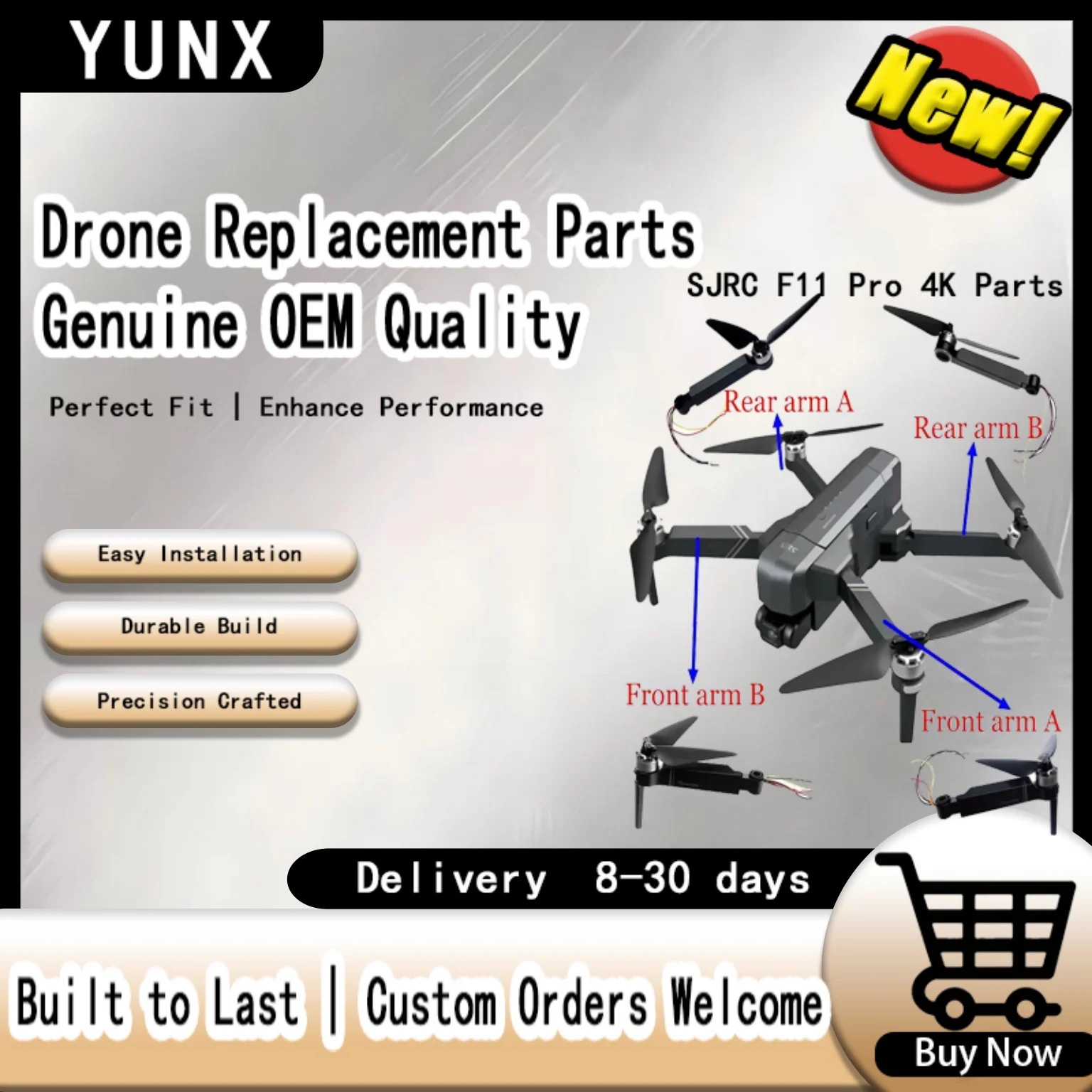 YUNX SJRC F11 Pro 4K Drone Spare Parts, Gimbal Camera Cover, Body Shell, Arm Leg Propeller Blades Accessories