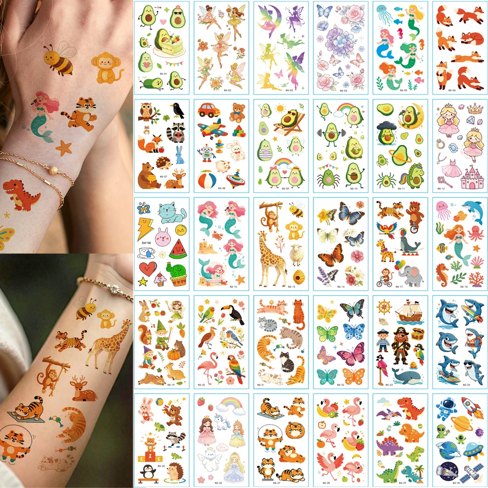 30pcs Cartoon Cute Tattoo Stickers Waterproof Tiger Giraffes Dinosaurs Temporary Tattoos For Women Men Animal Fake Tattoo Body