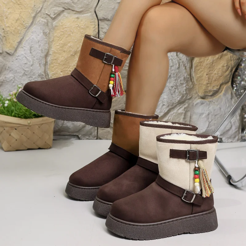 

2025 Winter New Korean Style Round Toe Fringe Decor Plush Fleece Lined Slip On Anti-Slip Comfort Snow Boots for Women Warm Shoes