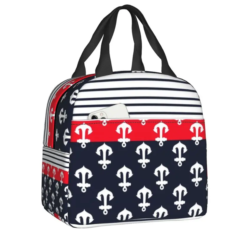 Custom Nautical  Anchor Lunch Bag Men Women Thermal Cooler Insulated Lunch Box for Children School Work Food Picnic Tote Bags