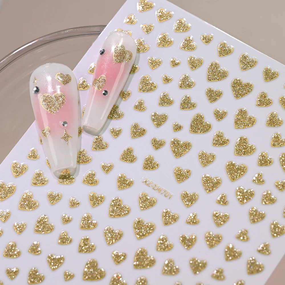 ثلاثية الأبعاد عيد الحب الذهب الأحمر الحب القلب بريق مسمار ملصقا ذاتية اللصق رومانسية شكل قلب مسمار الشارات 8*10 سنتيمتر ملصقات الأظافر