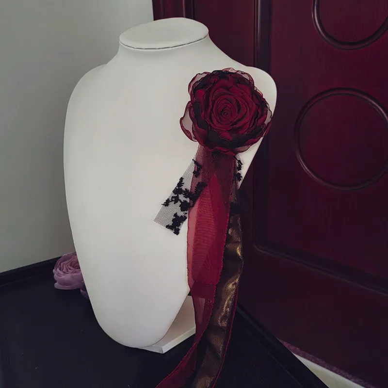 Handcrafted Burgundy Singed Rose Brooch Gothic Lolita Style Halloween Corsage for Vintage Outfits and Creative Layering
