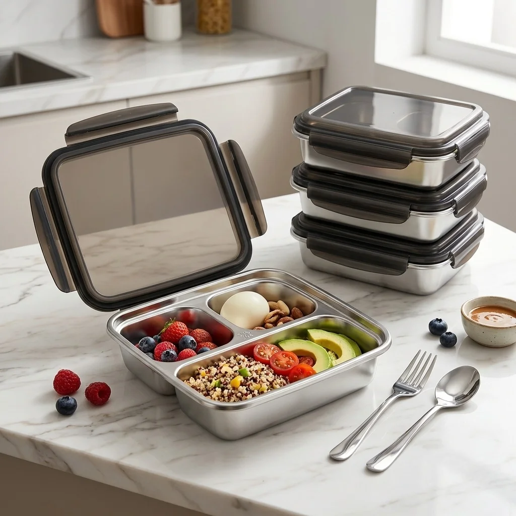 Large Capacity Lunch Container With Lid Microwave Safe Leak-proof 304 Stainless Steel Divided Bento Lunch Box For Kids Students