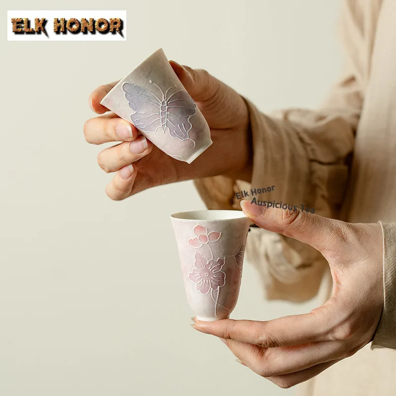 2pc/lot Rock Mineral Light Pink Stack Teacup Retro Tea Bowl Beautiful Tea Cup Tea-tasting Smelling Cup Jianzhan Master Cups 40ml