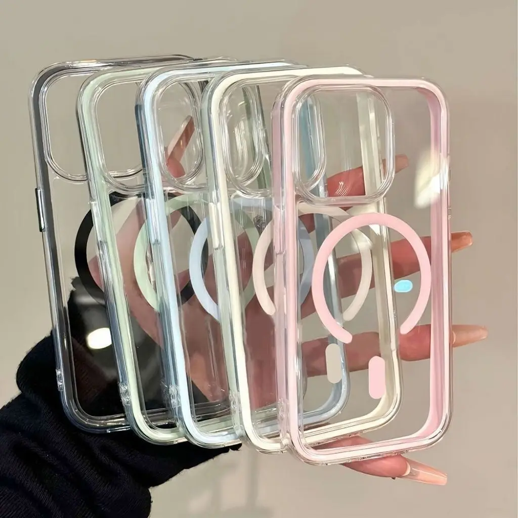 

Candy Color Frame For Magsafe Case for iPhone 16 15 13 14 11 12 17 Pro Max Air Magnetic Wireless Charge Shockproof Clear Cover