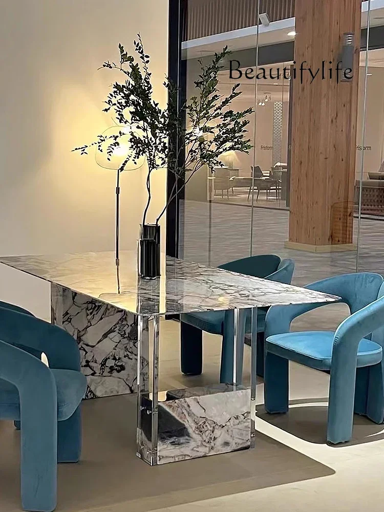 

S Light Luxury Minimalist Ocean Storm Marble Dining Table, Restaurant Elephant White Acrylic Dining Table