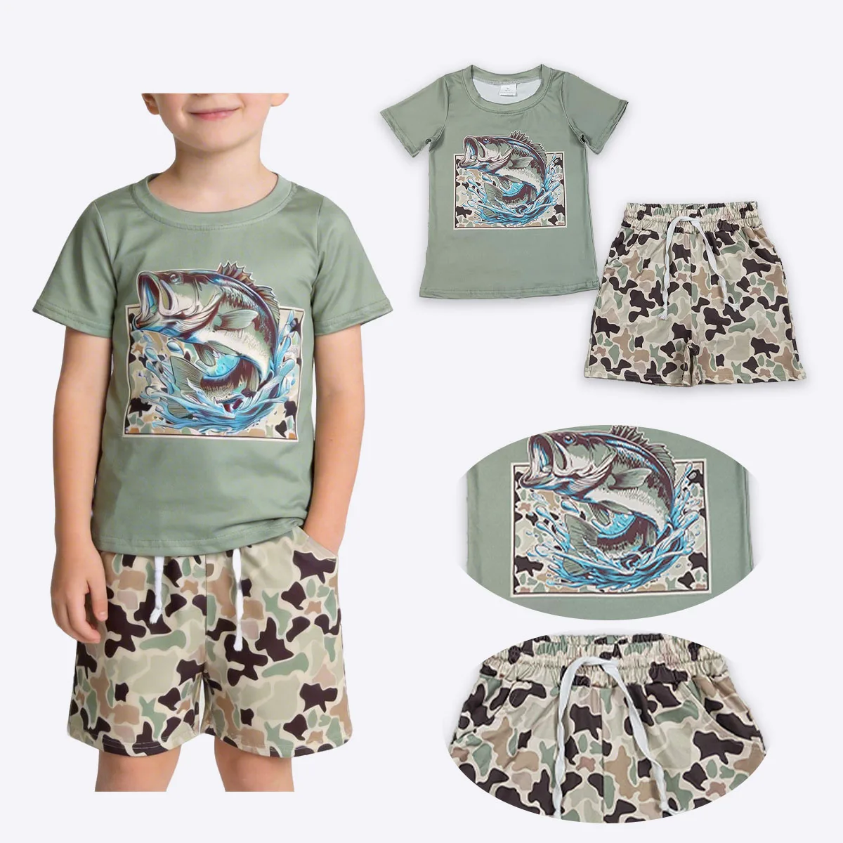 Toddler Baby Boys Green Camo Fishing Top Pockets Shorts Hunting Clothes Sets Infant Outfits Comfortable Clothing Wholesale