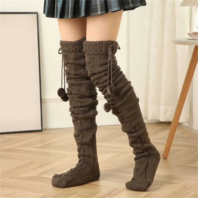 Cable Knitted Thigh High Socks with Furry Balls Charm for Women Winter Warm Over Knee Boot Stockings Leg Warmers