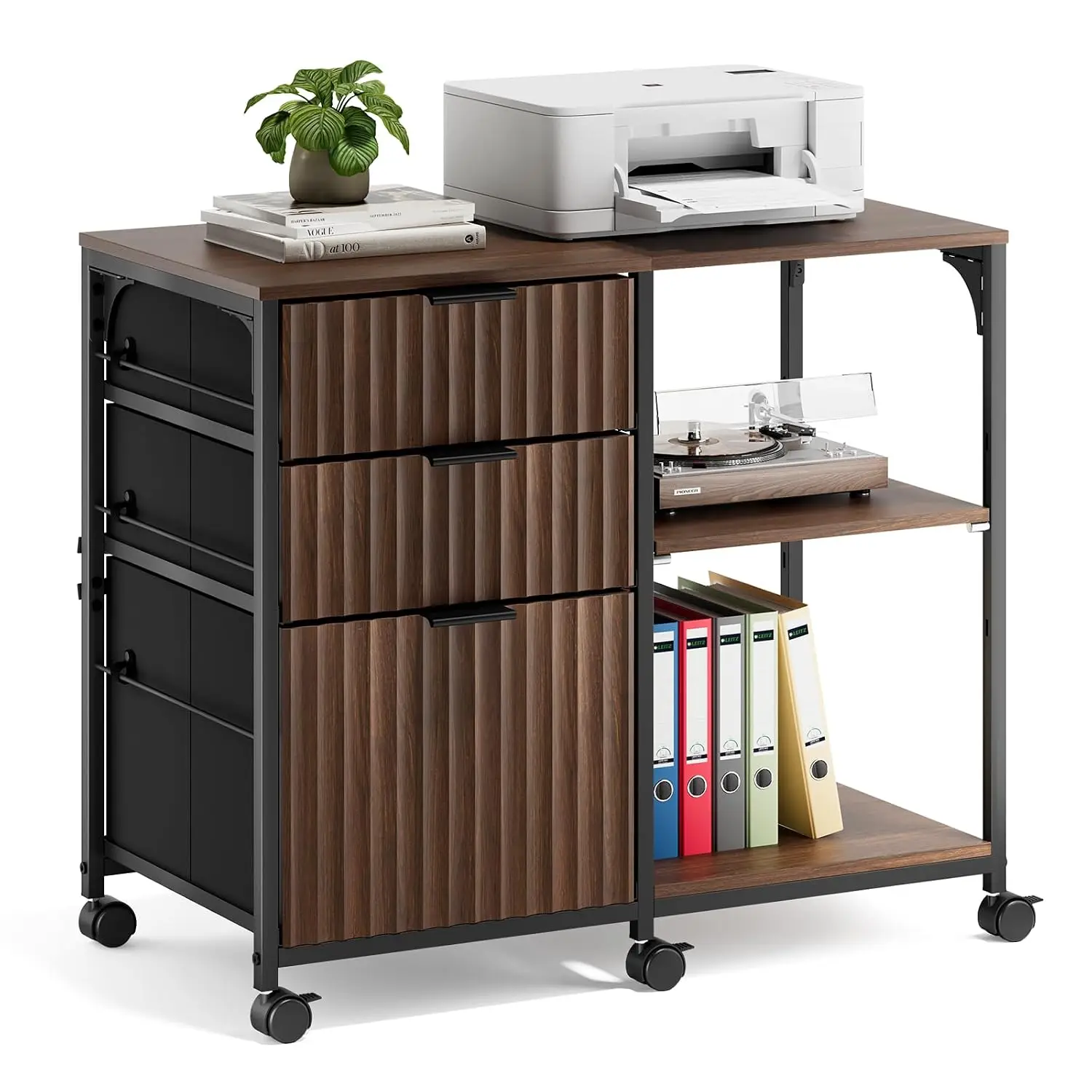 3 Drawer Mobile File Cabinet Printer Stand, Fluted Filing Cabinet with Open Storage Shelves Adjustable, Rolling Lateral Fabric F