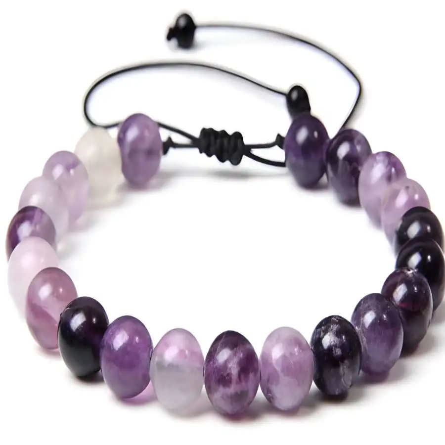 

Natural Chevron Amethyst Beaded Bracelet Adjustable Black Cord Boho Healing Crystal Jewelry for Women