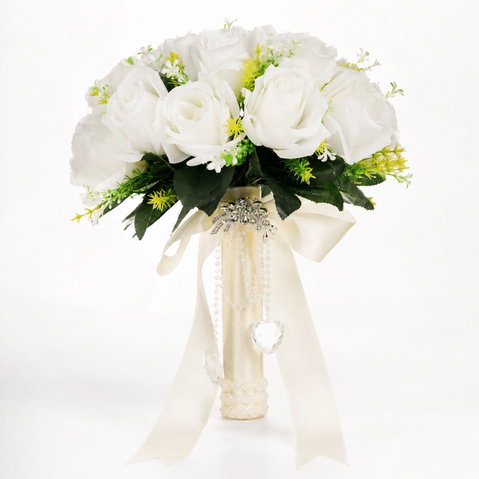 Silk Rose Wedding Bouquet Low-Maintenance Bridal Bouquet with Satin Ribbon Handle Flower Arrangement Long-Lasting Photogenic