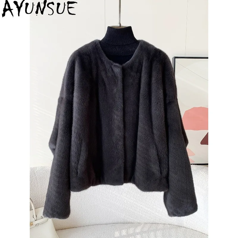 AYUNSUE Purple Label Velvet Whole Mink Fur Coat Woman Short Stylish Outerwears Warm Fur Jacket Long Sleeve Tops for Woman Шуба