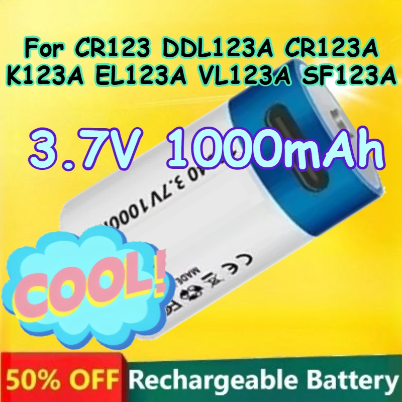 

16340 3.7V USB Rechargeable Lithium Battery 1000mAh Capacity for CR123 DDL123A CR123A K123A EL123A VL123A SF123A Battery