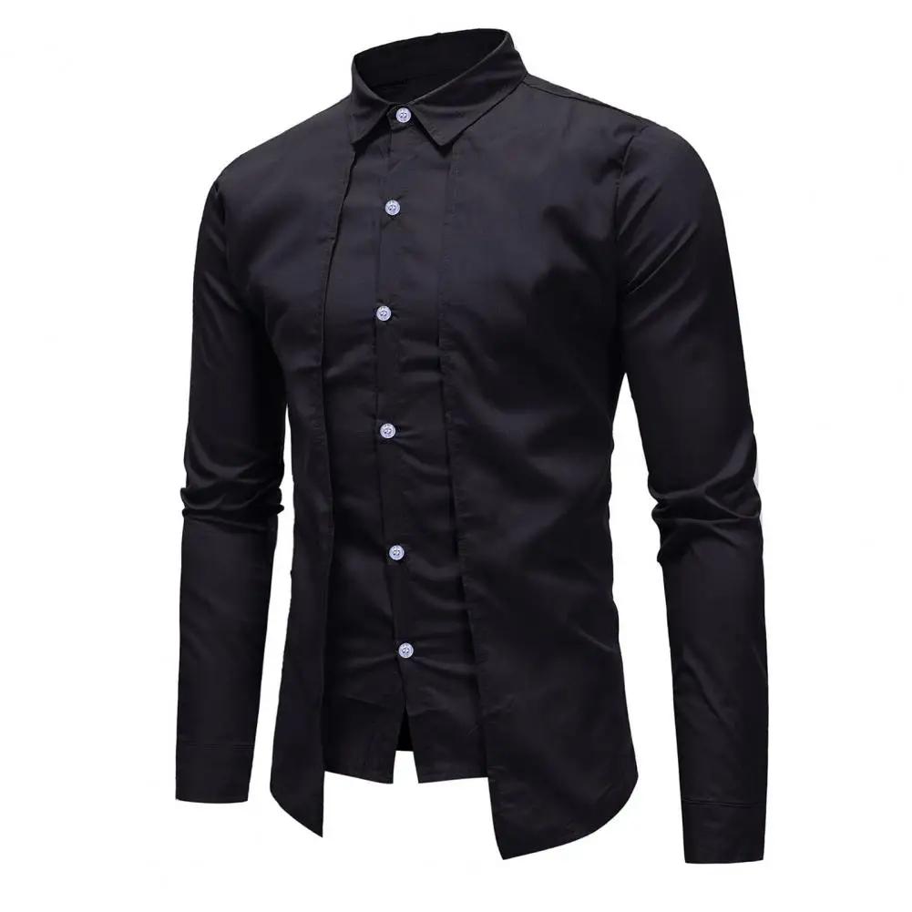 Men Shirt Lapel Single Breasted Solid Color Fake Two Pieces Long Sleeve Shirt For Work