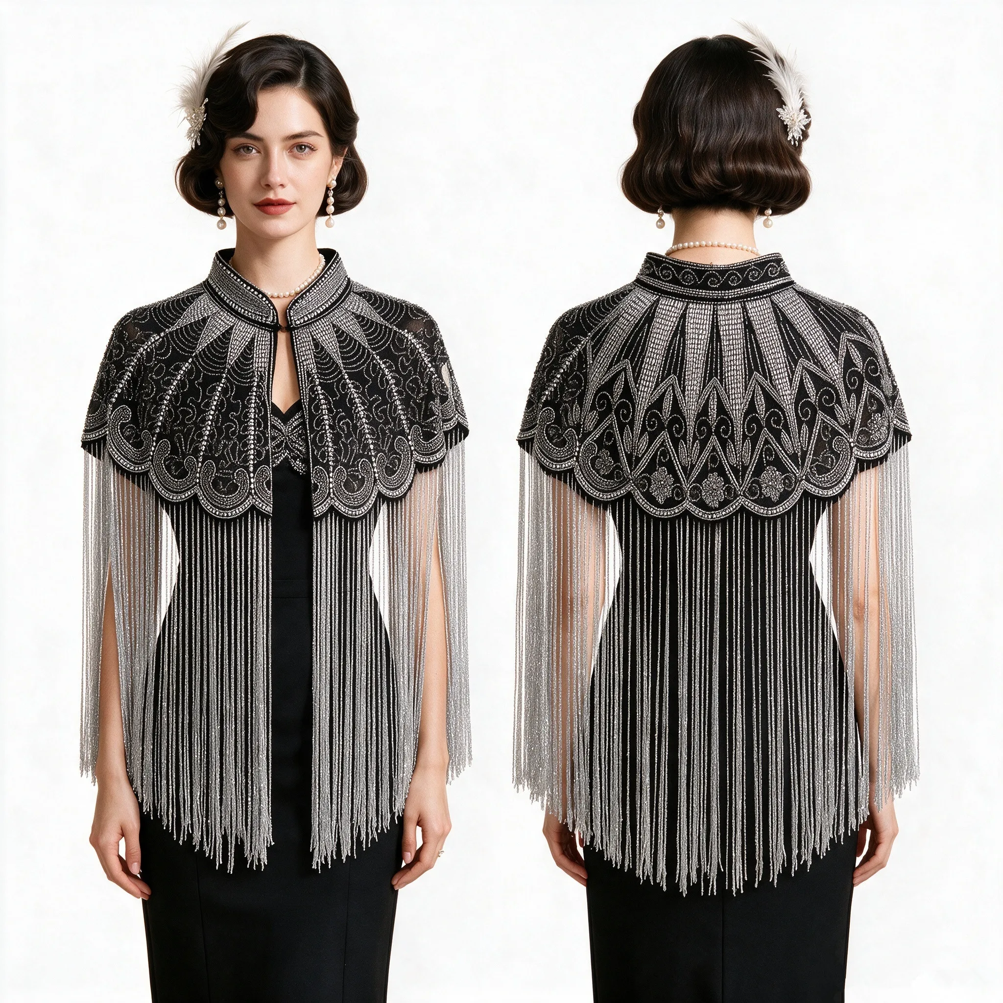 Women 1920s Vintage Shawl Sequin Beaded Tassel Flapper Evening Cape Wrap Cloak Halloween Theme Party Carnival Wedding Costume