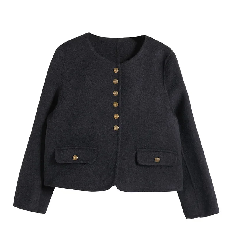 Temperament crew neck wool woolen coat winter new gold buckle loose and thin woolen coat women