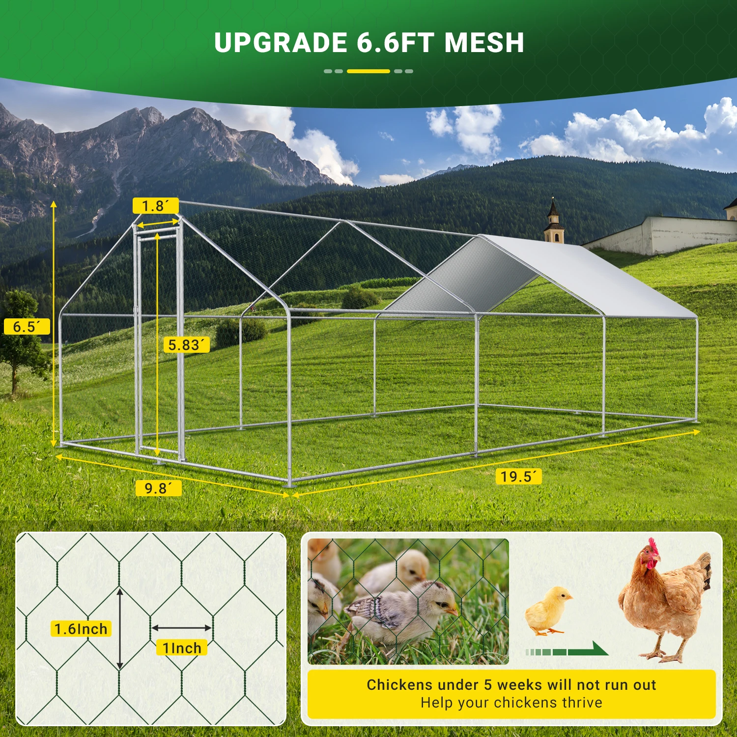 Extra-Large Metal Chicken Coop with Pointed Roof-Shape Waterproof Rabbit Habitat Cages for Walking Running Poultry New Condition