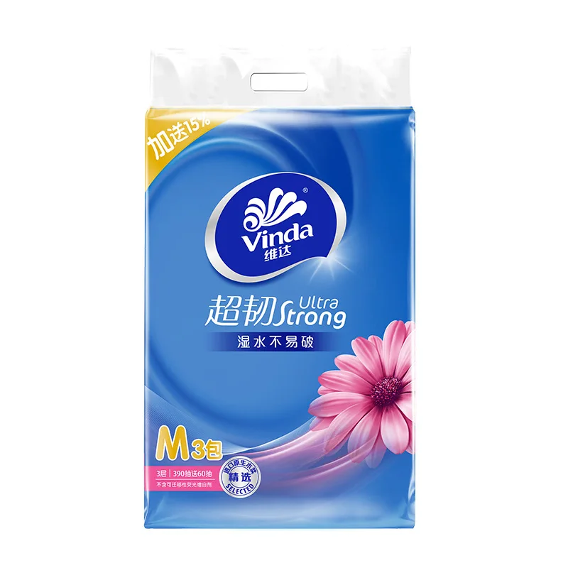 Vinda-papiertekening; Supersterk 3-laags; M maat 150 trekt 3 verpakkingen; Maandverband met specificaties voor gezichtsdoekjes; Dutje